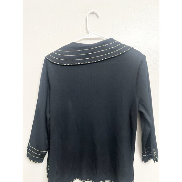 Ming Wang Black w green stitching Cardigan Jacket Travel Acrylic Top Boxy Medium - Picture 6 of 8